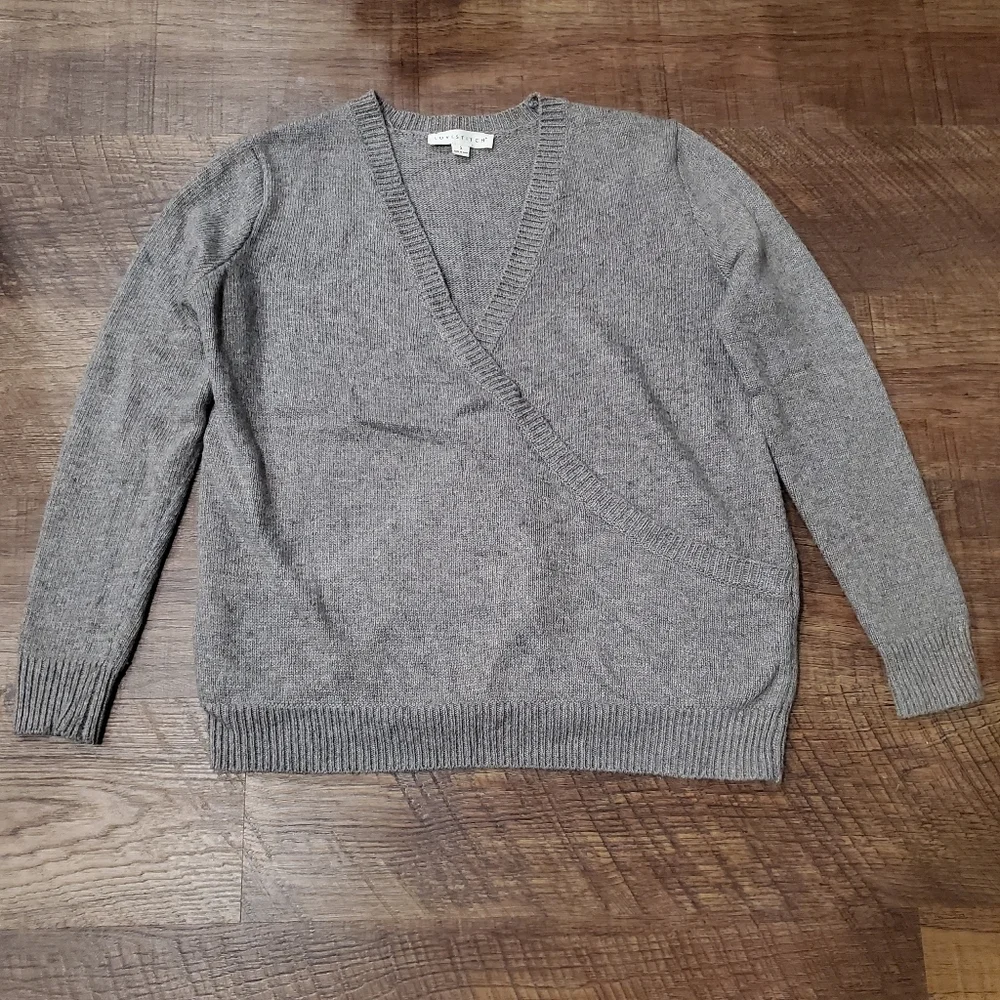 Lovestitch Faux Wrap Sweater Taupe Brown Cozy Warm Boho Preppy Neutral Winter S - Picture 2 of 7